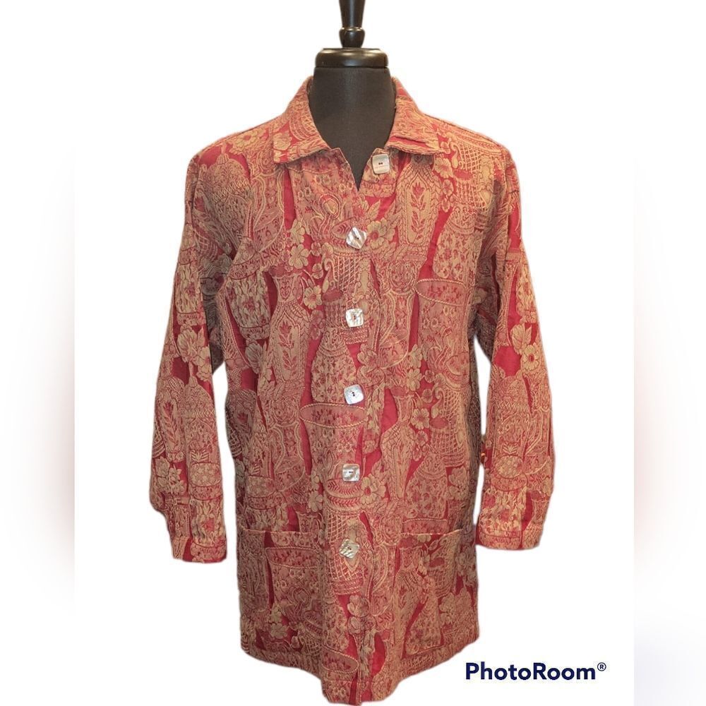 Vintage Harari Red Brocade Textured Jacket Long Sleeve Button Down Top One Size